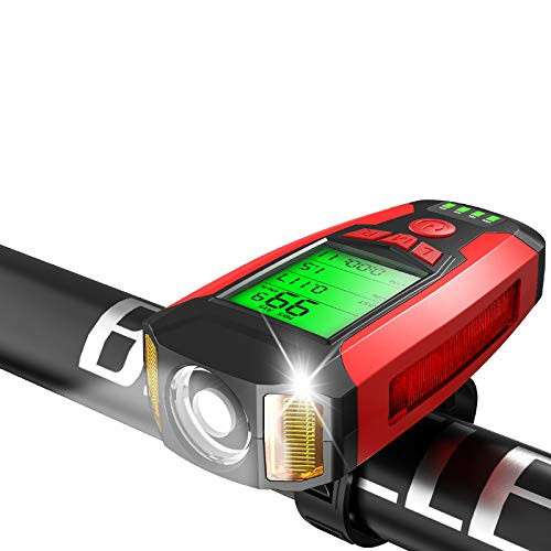 KLL Bike Light USB Bicycle Speedometer Rechargeable LED Bicycle Light Set Odometer 5 Light Modes   Trumpet Fits All Bicycles  Mountain  Road