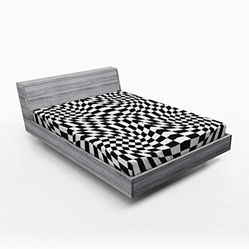 Lunarable Psychedelic Fitted Sheet  Retro Monochrome Motif with Checkers Pattern in Optical Illusion  Soft Decorative Fabric Bedding All Round Elastic Pocket  Full Size  White Charcoal