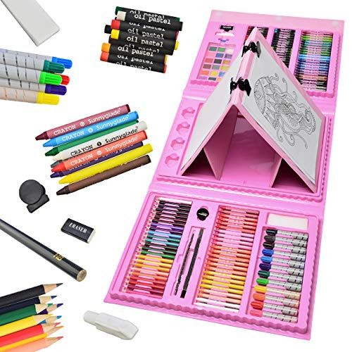 Sunnyglade 185 Pieces Double Sided Trifold Easel Art Set  Drawing Art Box with Oil Pastels  Crayons  Colored Pencils  Markers  Paint Brush  Watercolor Cakes  Sketch Pad  Pink