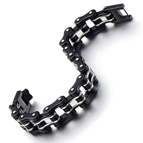COOLSTEELANDBEYOND Masculine Mens Bike Chain Bracelet of Stainless Steel Silver Black Two Tone High Polished