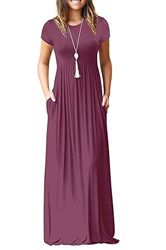 MISFAY Women Short Sleeve Loose Plain Maxi Dresses Casual Long Dresses Pockets  Mauve  L