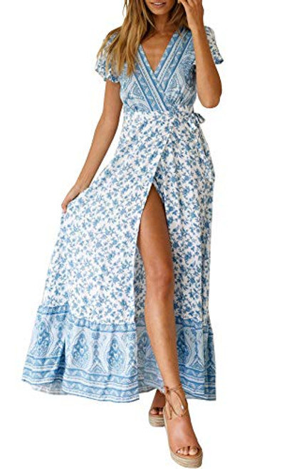 R Vivimos Women s Summer Short Sleeve Floral Print Bohemian Beach Waist Tie Wrap Long Flowy Dress with Slit  XL  WhiteBlue