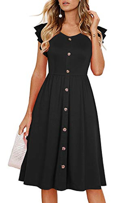 Lamilus Casual Dress Ruffle Sleeve Dress Women s Summer V Neck Solid Button Down Beach Swing A Line Midi Dress L Black L026