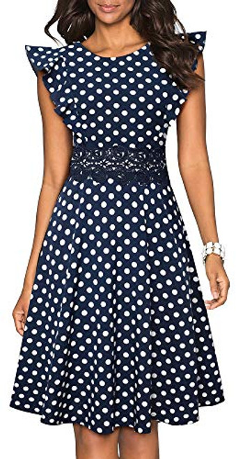 VELJIE Women s Vintage Ruffle Flared A Line Swing Casual Cocktail Party Dresses Dark Blue Dots 4