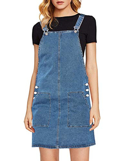 luvamia Women s Juniors Casual Straps Denim Overall Pinafore Dress with Pocket Blue Size Medium  Fits US 8 10