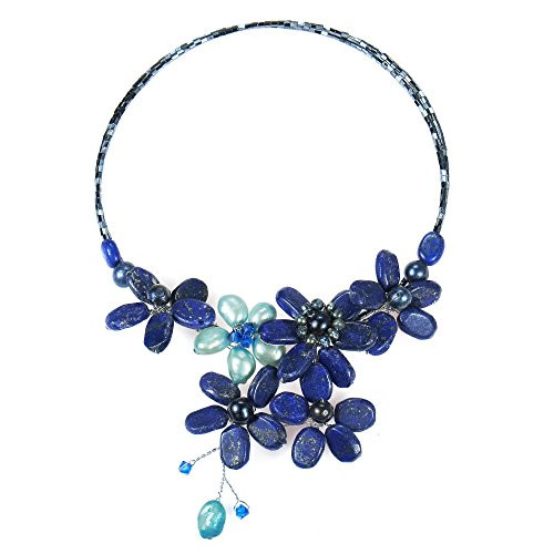 AeraVida Floral Lace Simulated Lapis Lazuli and Cultured Freshwater Pearls Crystal Wrap Necklace AeraVida Floral Lace Simulated Lapis Lazuli and Cultured Freshwater Pearls Crystal Wrap Necklace