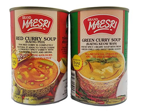 Maesri Curry Soup Red and Green Combination Pack  14 ounce  2 cans each flavor