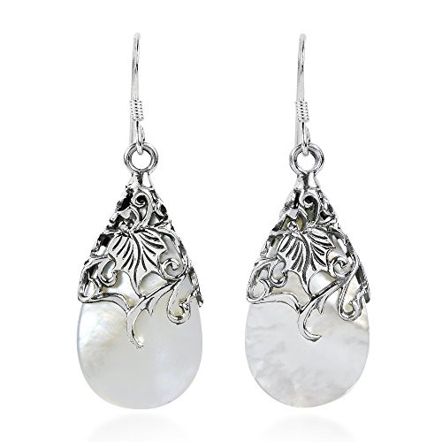 Floral Vine Ornate Teardrop White Mother of Pearl 925 Sterling Silver Dangle Earrings Floral Vine Ornate Teardrop White Mother of Pearl 925 Sterling Silver Dangle Earrings