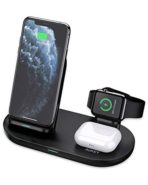 AUKEY 3 in 1 Wireless Charging Station with Wireless Charging Stand  Wireless Charging Pad Dock for Apple Watch Stylish   Minimalist Wireless Charger for iPhone Samsung Android AirPods Apple Watch