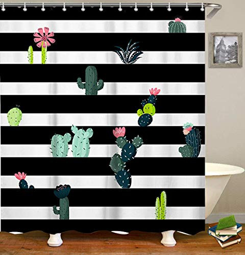 LIVILAN Black White Stripe Fabric Shower Curtain Set with 12 Hooks Cactus Bathroom Curtain 70.8" x 70.8"