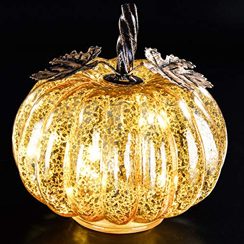 denlix Mercury Glass Pumpkin Lights Fall Decor  Battery Operated LED Timer 5 5 Inches Decorative Pumpkins  Fall Centerpieces for Tables Decorations