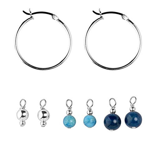 Sterling Silver Blue Apatite and Crazy Lace Agate Gemstone Bead Drops on Hoop Earrings