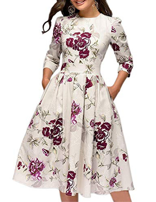 Simple Flavor Women s Floral Vintage Dress Elegant Autumn Midi Evening Dress 3 4 Sleeves  Beige  M