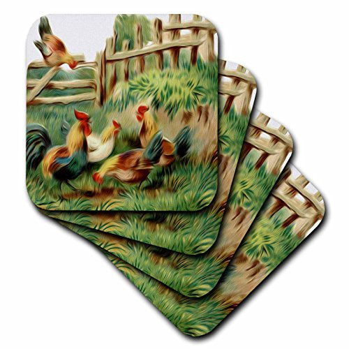 3dRose CST 104625 3 Vintage Digital Oil Painting Roosters Gather at The Farm Ceramic Tile Coasters  Set of 4