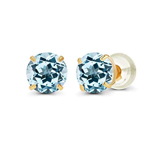 Genuine 10K Solid Yellow Gold 4mm Round Natural Sky Blue Topaz December Birthstone Stud Earrings