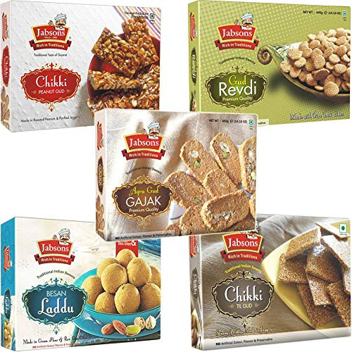 Jabsons   Assorted Traditional Sweets  5 in 1   Chikki Til Gud  Agra Gud Gajak  Besan Laddu  Gud Revdi  Chikki Peanut Gud
