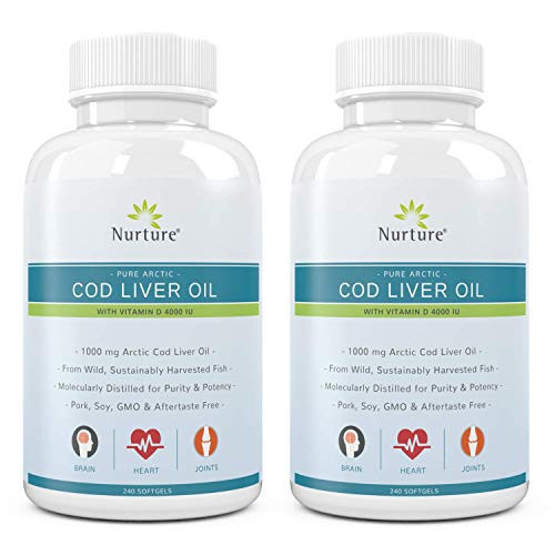 Pure Arctic Cod Liver Oil with Vitamin D 4000 IU  2 Pack    1000 mg Cod Liver Oil  Promotes Brain  Joint   Cardiovascular Health  360 Liquid Softgel Capsules