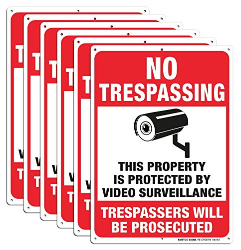 6 Pack No Trespassing Sign Trespassers Will Be Prosecuted Sign Video Surveillance Sign Warning Sign 10 x 7 Inches 0 40 Aluminum Reflective Indoor Or Outdoor Use for Home Business CCTV Security Camera