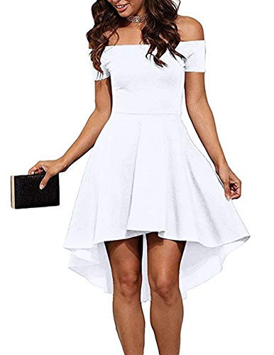 Sarin Mathews Women Off The Shoulder Short Sleeve High Low Cocktail Skater Dress White L