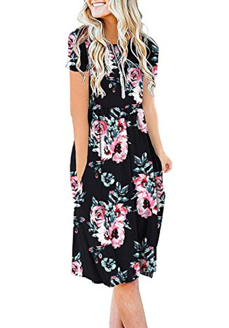 DB MOON Women Summer Casual Short Sleeve Dresses Empire Waist Dress with Pockets Flower Black L DB MOON Women Summer Casual Short Sleeve Dresses Empire Waist Dress with Pockets Flower Black L