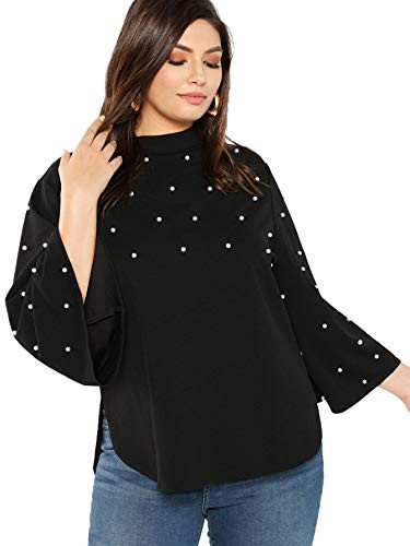 Romwe Women s Plus Elegant Pearls Beaded Long Sleeve Blouse Top Black 0XL
