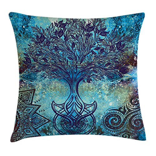 Ambesonne Bohemian Throw Pillow Cushion Cover, Grunge Style Tree Pattern with Ethnic Mandala and Spiral Shapes Blurry Artwork, Decorative Square Accent Pillow Case, 24 X 24 Inches, Turquoise Brown