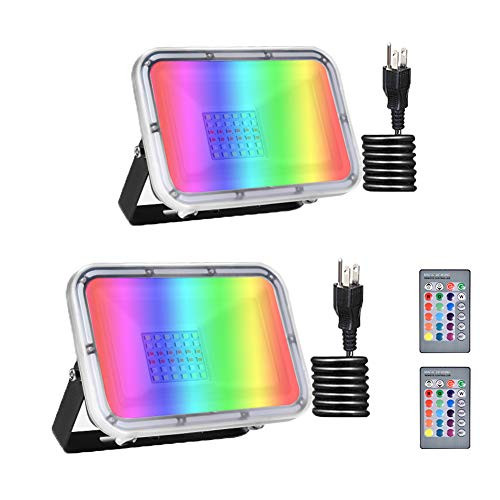 Bikuer 2 Pack 20W RGB LED Flood Lights with Remote Control  IP67 Waterproof Dimmable Color Changing Floodlight  Wall Washer Light  Outdoor Indoor Decorative Landscape Garden Light  20W with Plug