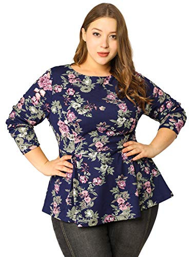 Agnes Orinda Women s Plus Size Crew Neck Long Sleeves Floral Peplum Top 3X Blue