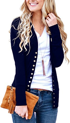 NENONA Women s V Neck Button Down Knitwear Long Sleeve Soft Basic Knit Cardigan Sweater New Navy S