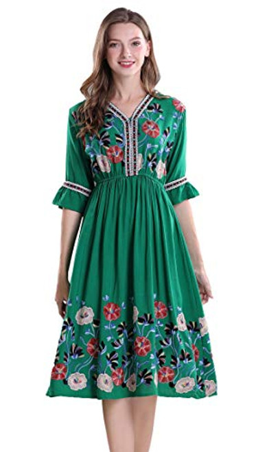 Women s Short Sleeve Mexican Embroidered Floral Pleated Midi A line Cocktail Dress  Green  L