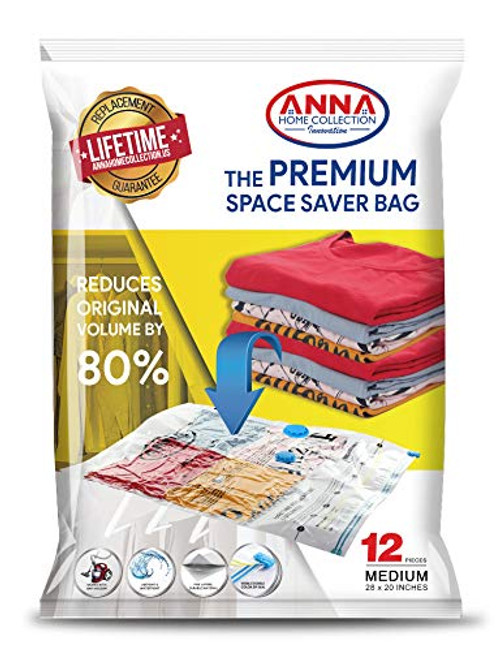 Anna Home Premium Vacuum Storage Bags  12 Pack  Space Saver Storage Bags for Travel  Durable   Reusable  Travel Hand Pump Included  12 x Medium