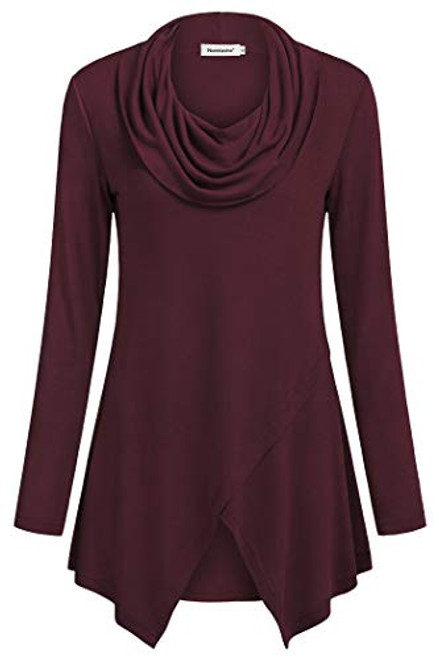 Long Sleeve Tunic Tops for Women Nandashe Ladies Plain Tee Shirt Ruched Trendy Drape Knitted Pleat High Waist Collar Casual Business Work Loose Fit Dressy Tunics Blouses Shirt Tops Wine xl