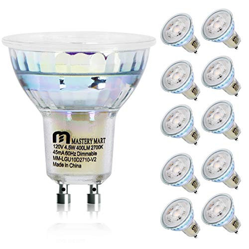 LED GU10 Spotlight Light Bulbs  50 Watt Equivalent  4 5W Dimmable  MR16 Full Glass Cover  2700K Soft White  25000 Hours  UL Listed  Energy Star Certified  by Mastery Mart  Pack of 10