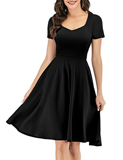 Bridesmay Women s V Neck Vintage Dress Prom Party Swing Cocktail Bridesmaid Knee Length Dress with Short Sleeves Black XL