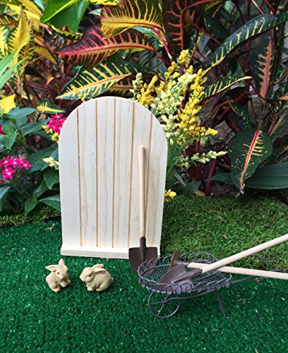 Nautical Crush Trading Fairy Garden Miniature Kit | Fairies and Enchanted Furniture supplies | 7 piece set | Mini Rustic Cart, Mini Wood Door, Mini Garden Tools and 2 Mini Rabbits |