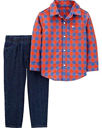 Carter s 2 Piece Plaid Button Front Top   Twill Denim Pant Set  Orange Blue  5T