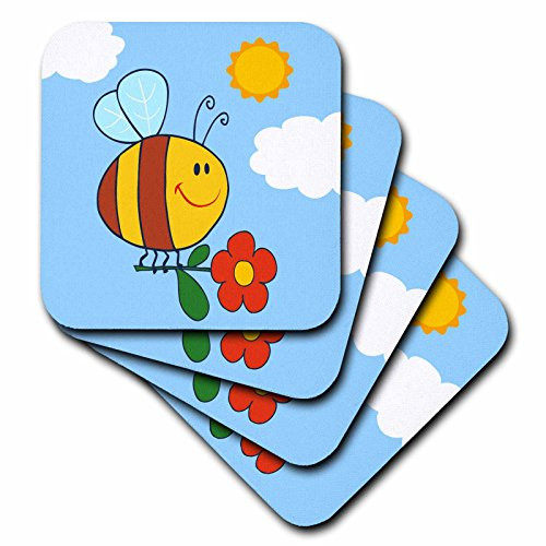3dRose CST 116882 3 Cute Honey Bee Holding Flower Happy Summer Cartoon Nature Design Ceramic Tile Coasters  Set of 4