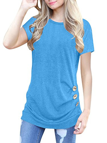 Anicco Button Down Shirts For Womens Casual Round Neck Loose Tunic Top Blouse Blue-M