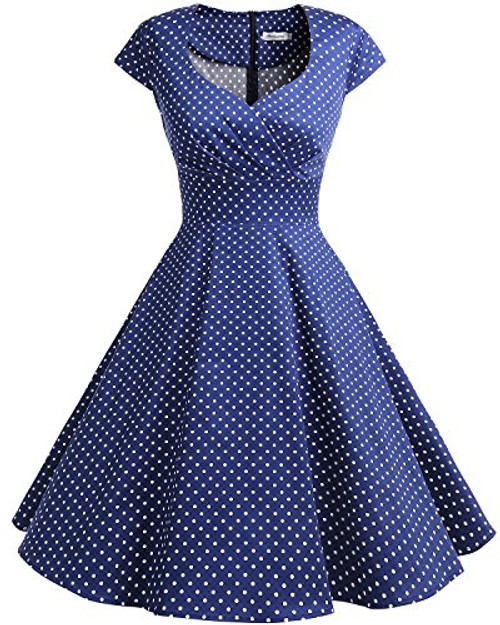 Bbonlinedress Women Short 1950s Retro Vintage Cocktail Party Swing Dresses Navy Small White Dot XL