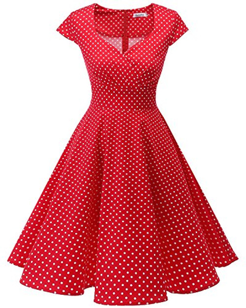 Bbonlinedress Women Short 1950s Retro Vintage Cocktail Party Swing Dresses Red Small White Dot S