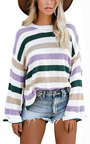 Hibluco Women s Round Neck Bell Long Sleeve Color Block Knit Sweater Casual Pullover Jumper Tops Purple