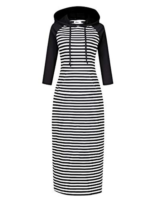 MISSKY Women s Casual 3 4 Sleeves Pocket Stripe Pullover Hoodie Dress L
