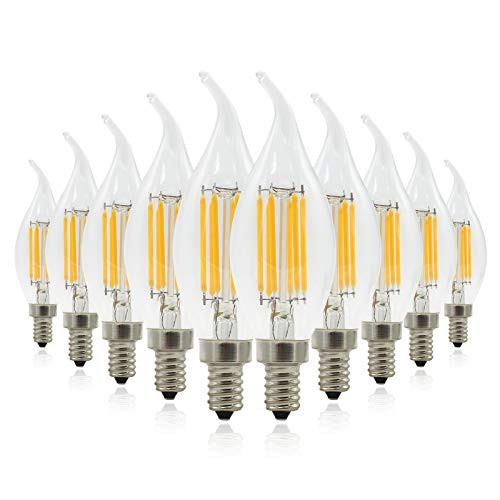 Edison LED Filament Bulbs E12 Candelabra Base  6W  60W Equivalent  C35 Flame Tip Light Bulb 2700K Warm White Chandelier Decorative Classic Glass Lamp  10 Pack