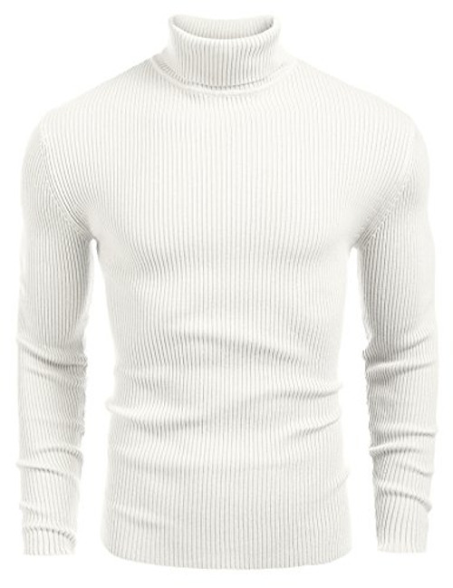 COOFANDY Mens Ribbed Slim Fit Knitted Pullover Turtleneck Sweater White