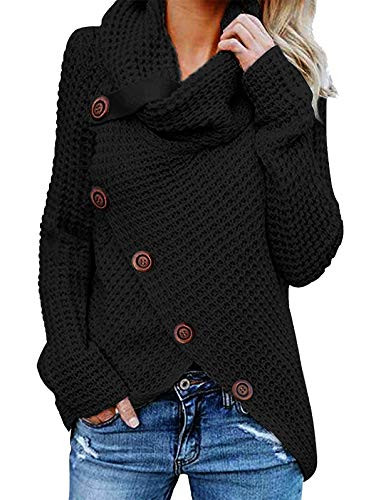 TEMOFON Women s Casual Turtle Cowl Neck Sweater Long Sleeve Button Asymmetric Hem Wrap Pullover Sweaters Tops Black XL