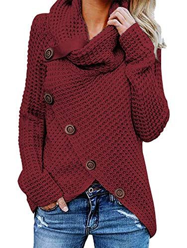 TEMOFON Women s Casual Turtle Cowl Neck Sweater Long Sleeve Button Asymmetric Hem Wrap Pullover Sweaters Tops Red M