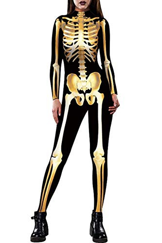 Idgreatim Womens Funny Halloween Gold Skeleton Bodysuit Happy Cosplay Costume High Neck Long Sleeve Catsuit Jumpsuit Black L