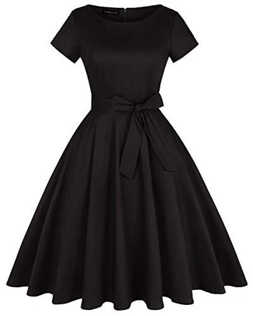 MINTLIMIT Vintage Rockabilly Prom Dresses Short Sleeve Vintage Tea Dress with Belt Solid Black Size 2XL MINTLIMIT Vintage Rockabilly Prom Dresses Short Sleeve Vintage Tea Dress with Belt Solid Black Size 2XL