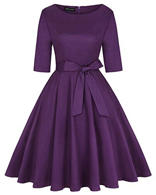 MINTLIMIT Womens Vintage 1950 s Half Sleeve Plain Rockabilly Garden Party Dress with Pockets Solid Purple Size L MINTLIMIT Womens Vintage 1950 s Half Sleeve Plain Rockabilly Garden Party Dress with Pockets Solid Purple Size L