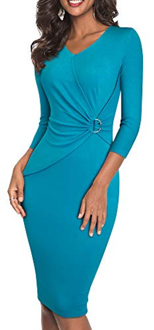 HOMEYEE Women s V Neck 3 4 Sleeve Pinch Wear to Work Church Dress B487 4 Sky Blue